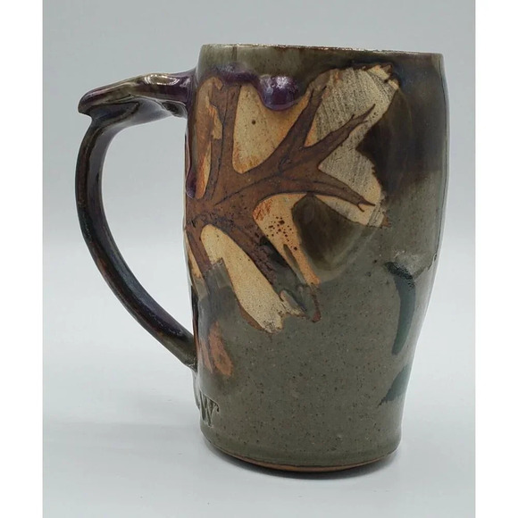 Mary Weisgram Pottery Large Tall Mug Brown with Autumn Oak Leaf Design Signed - Picture 4 of 9